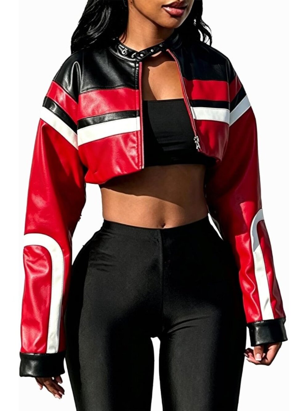 Women's W Red Faux Leather Long Sleeve Cropped Streetwear Bomber Jackets